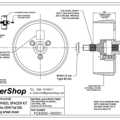 Spacershop steering wheel spacer drawing for Fiat 500