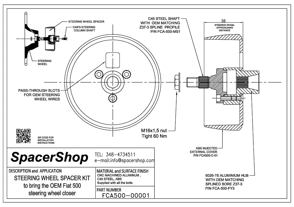 Spacershop steering wheel spacer drawing for Fiat 500