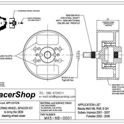 Spacershop Dibujo del espaciador del volante para Mazda MX5 NB