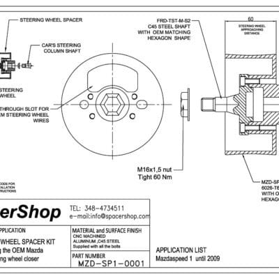 Spacershop steering wheel spacer drawing for Mazda 3 BL MPS