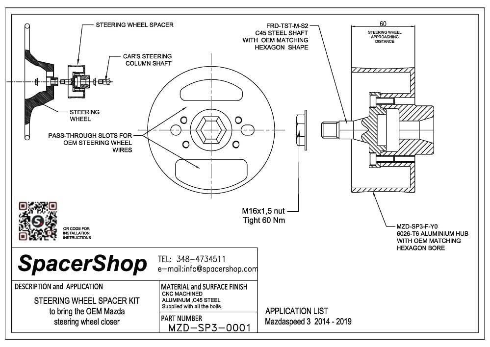 Spacershop steering wheel spacer drawing for Mazdaspeed 3