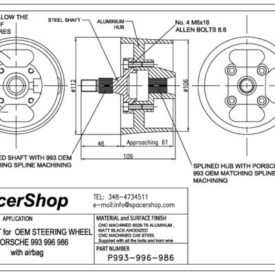 Spacershop steering wheel spacer drawing for Porsche 996 986 993
