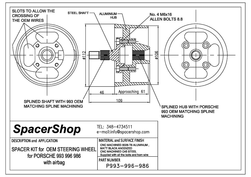 Spacershop steering wheel spacer drawing for Porsche 996 986 993