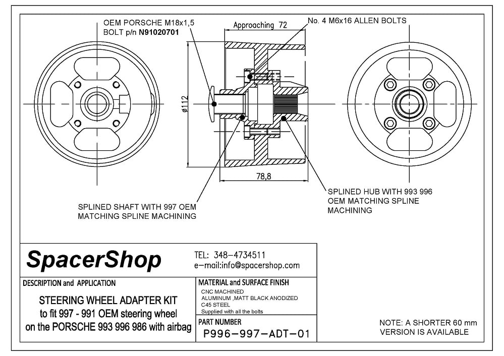 Spacershop Steering wheel adaptor drawing for Porsche 991 steering wheel on 996 cars
