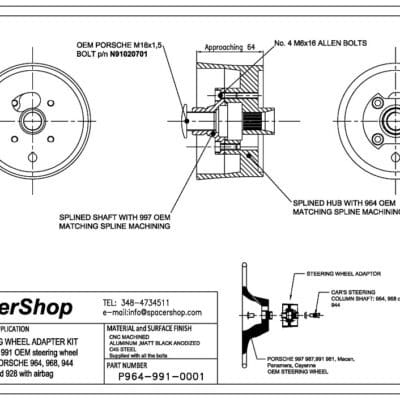 Spacershop steering wheel adaptor drawing for Porsche 991 steering wheel on 964 cars