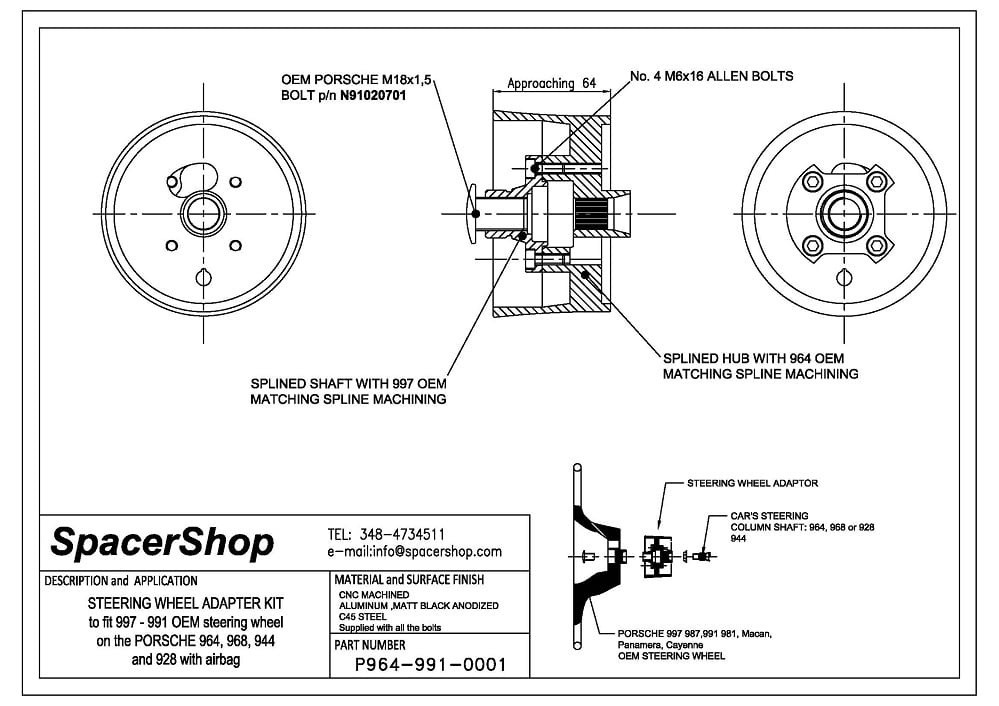 Spacershop steering wheel adaptor drawing for Porsche 991 steering wheel on 964 cars